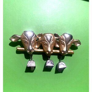 AJC Cow Brooch Pin Matte Gold Tone Dangling Cattle Bell Charms Farm Vintage